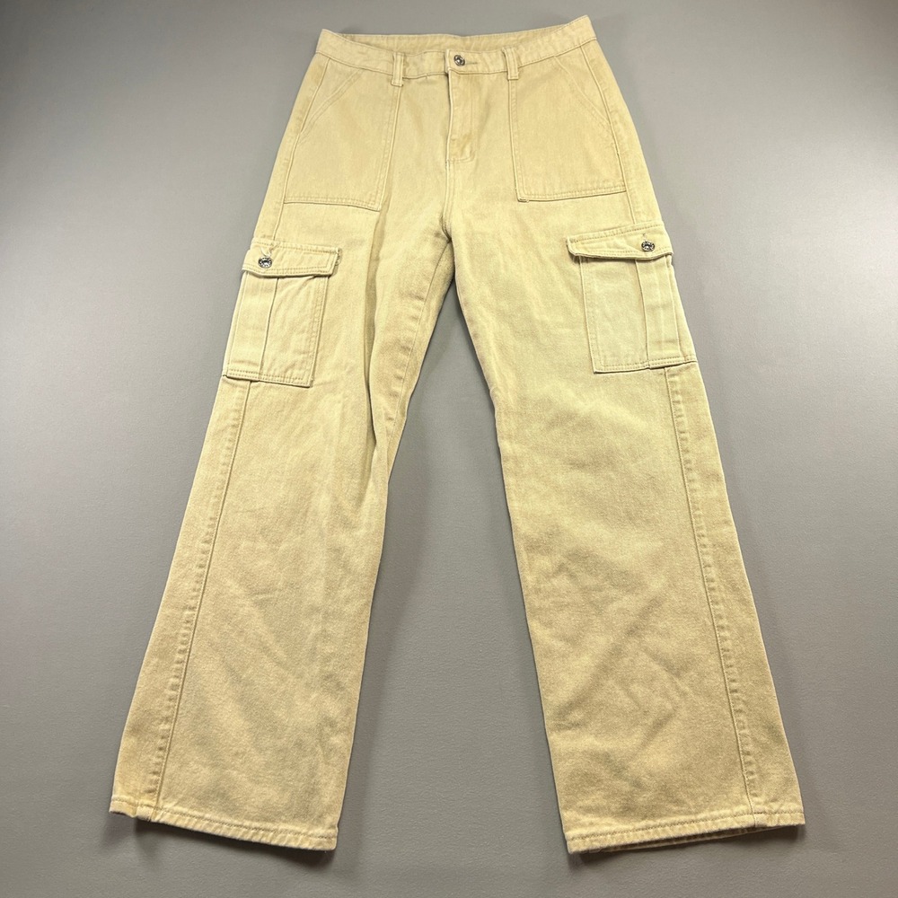 Cider Cargo Pants Women Medium Beige Cotton High Waisted Wide Leg Utility Pocket